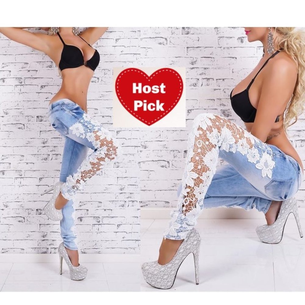Faded Mid Rise Skinny Jeans with see through side lace Skinny Jeans